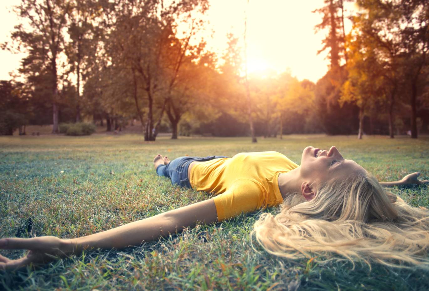 Lying in a green meadow